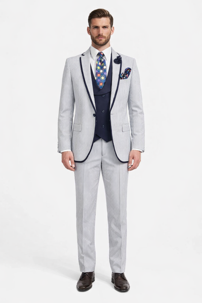 Men's White and Navy Pinstripe Suit with Contrast Trim â€“ 3-Piece Seersucker Style Set for Weddings and Summer Events
