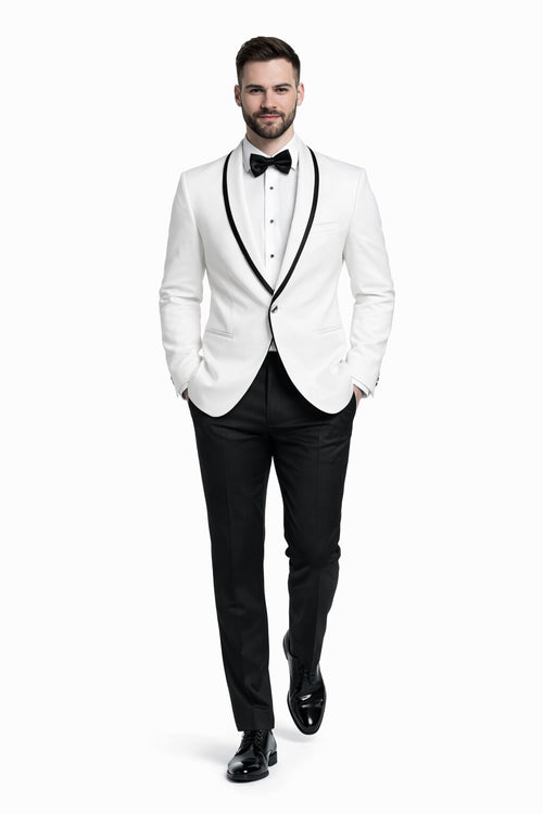 Mens Designer White and Black Trimmed Traditional Dinner Jacket Tuxedo