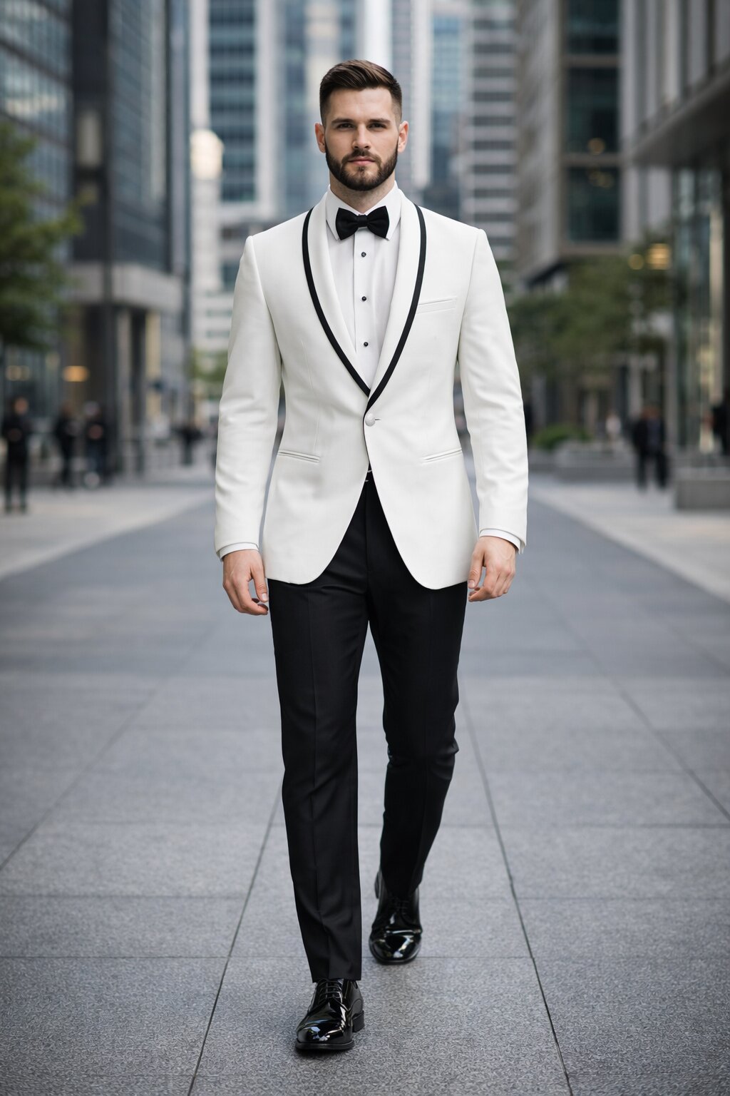 Mens Designer White and Black Trimmed Traditional Dinner Jacket Tuxedo
