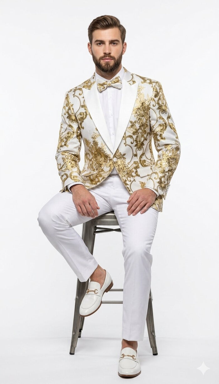 Mens White and Gold Floral Tuxedo Jacket with Satin Lapel - Luxury Prom, Wedding and Formal Dinner Blazer
