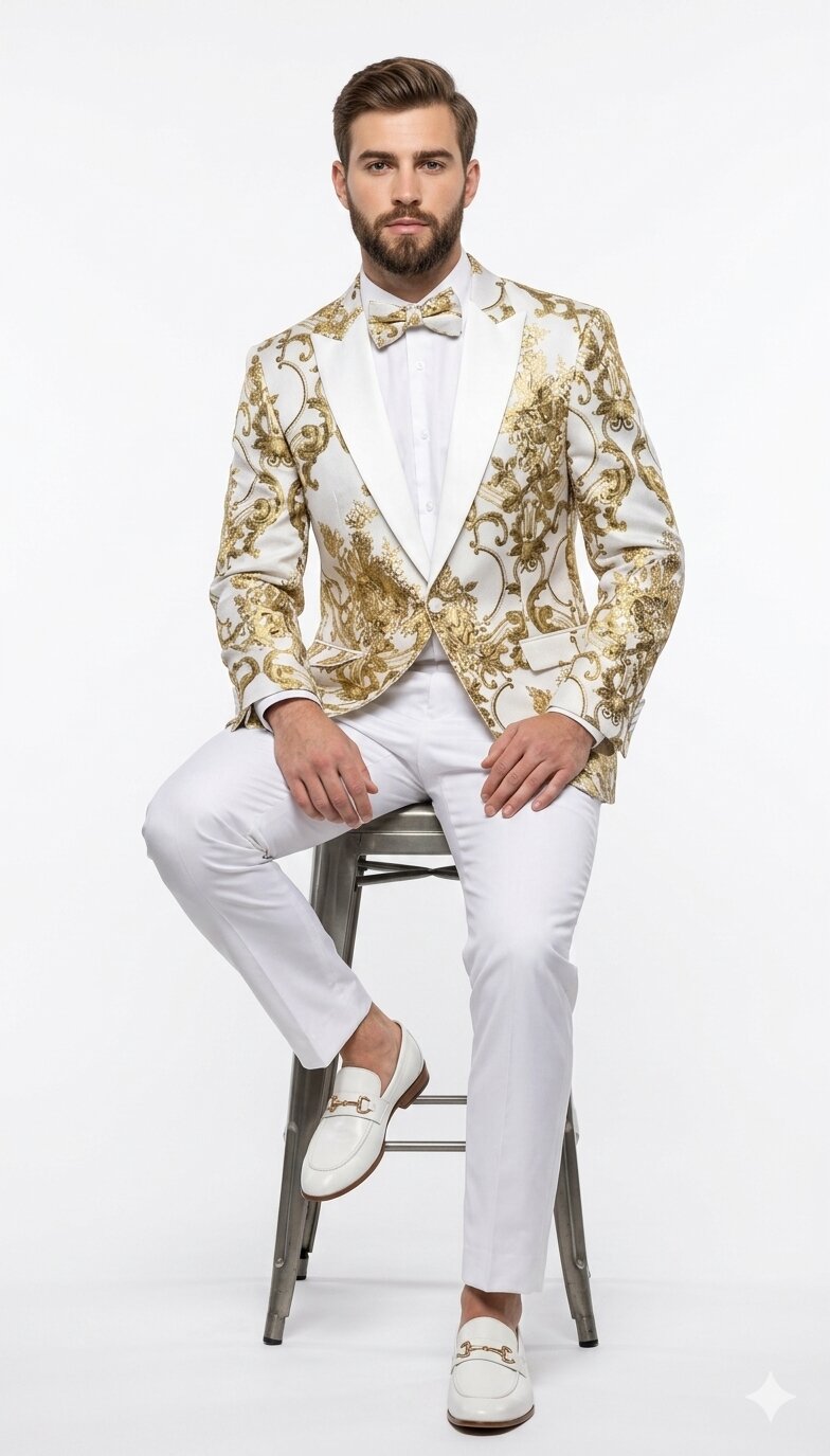 Mens White and Gold Floral Tuxedo Jacket with Satin Lapel - Luxury Prom, Wedding and Formal Dinner Blazer