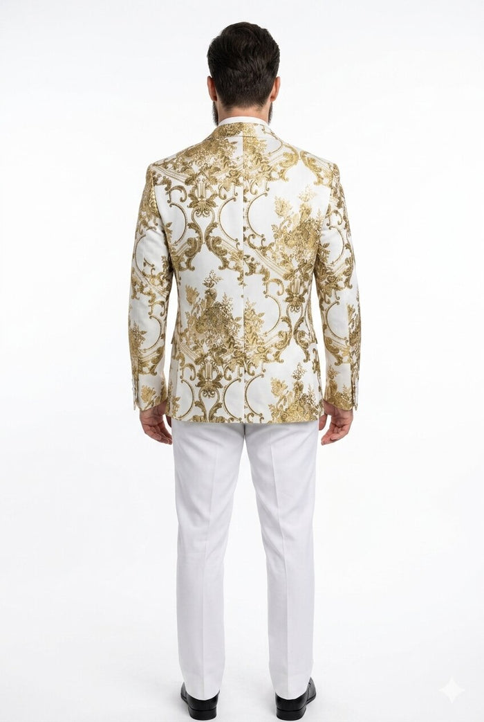 Mens White and Gold Floral Tuxedo Jacket with Satin Lapel - Luxury Prom, Wedding and Formal Dinner Blazer