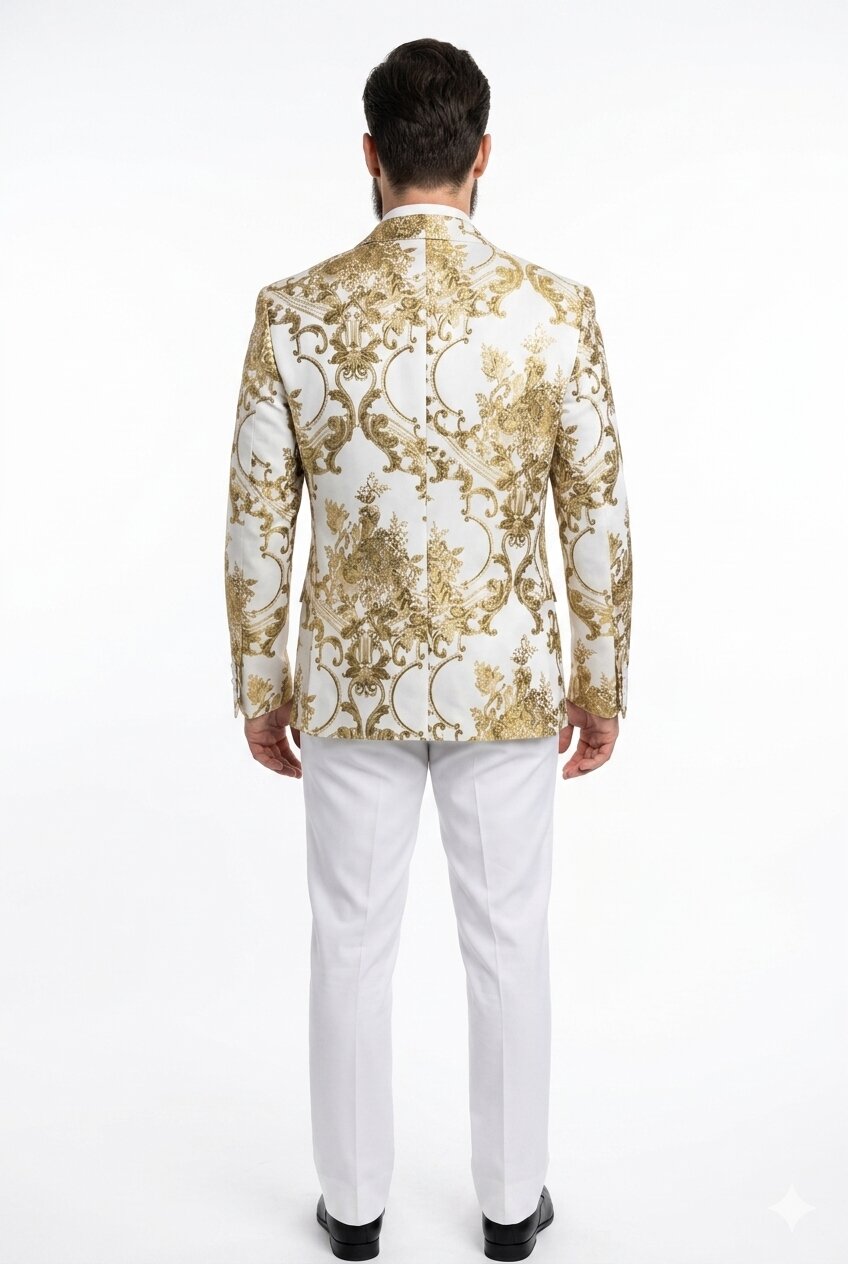Mens White and Gold Floral Tuxedo Jacket with Satin Lapel - Luxury Prom, Wedding and Formal Dinner Blazer