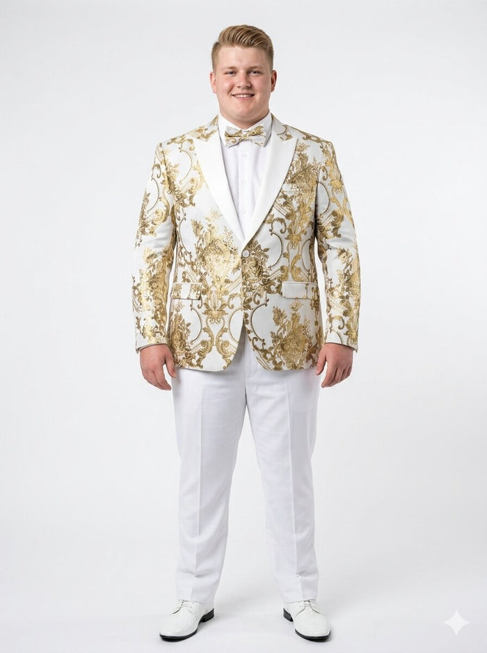 Mens White and Gold Floral Tuxedo Jacket with Satin Lapel - Luxury Prom, Wedding and Formal Dinner Blazer