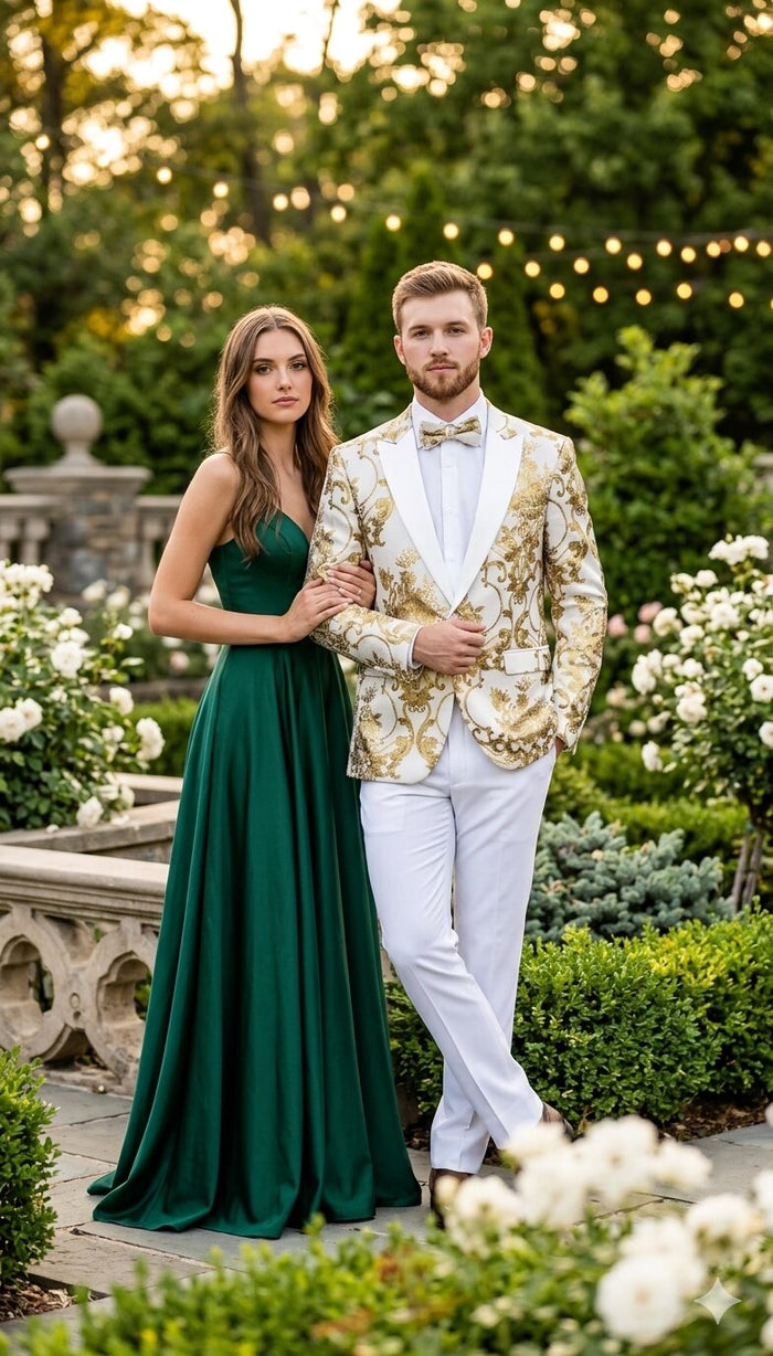 Mens White and Gold Floral Tuxedo Jacket with Satin Lapel - Luxury Prom, Wedding and Formal Dinner Blazer