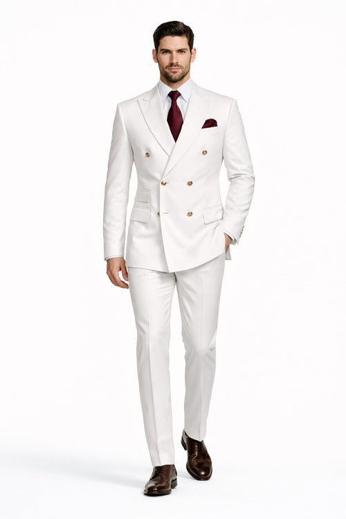 Mens Designer Modern Fit Double Breasted Suit with Gold Buttons in White