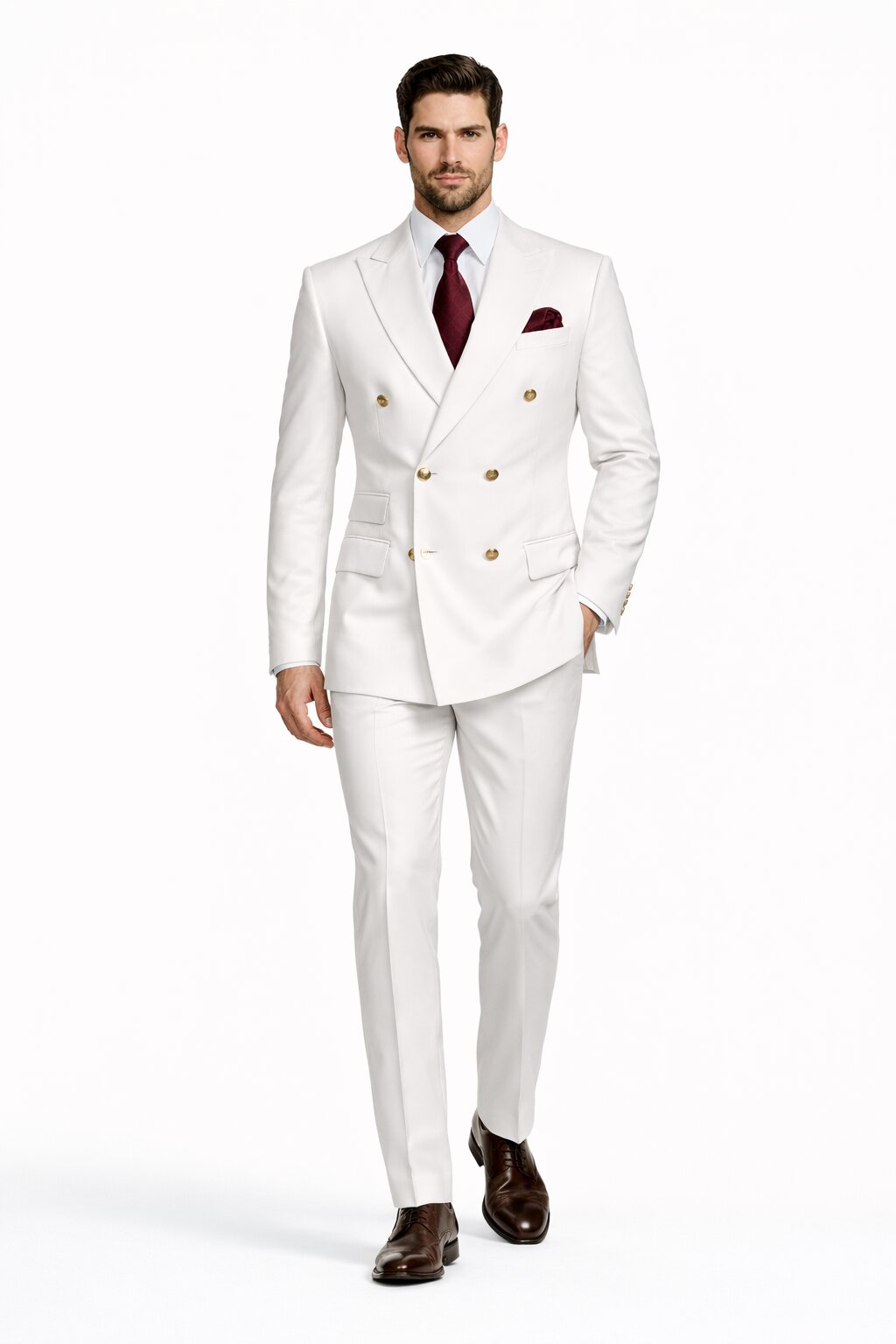Mens Designer Modern Fit Double Breasted Suit with Gold Buttons in White