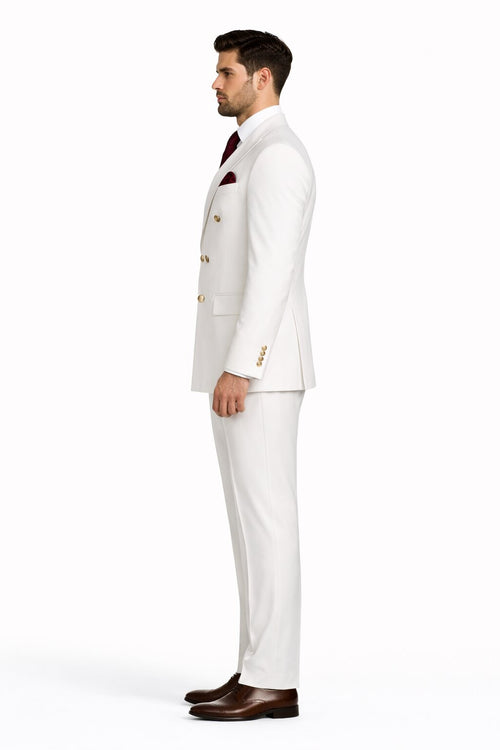 Mens Designer Modern Fit Double Breasted Suit with Gold Buttons in White