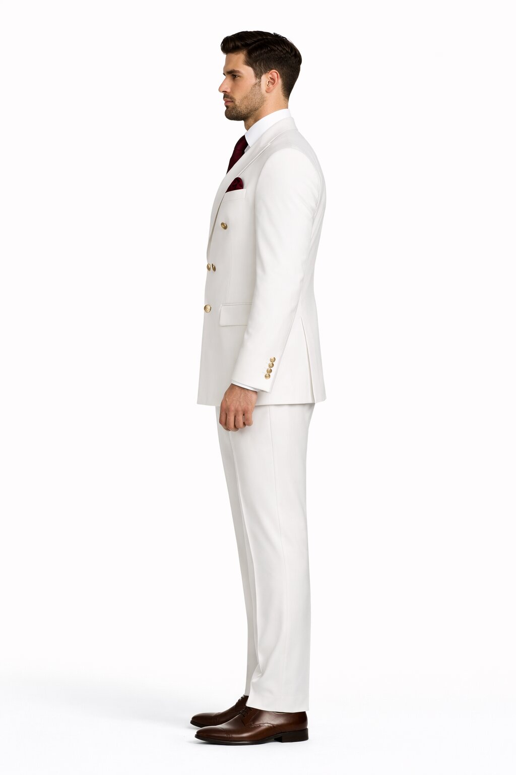 Mens Designer Modern Fit Double Breasted Suit with Gold Buttons in White