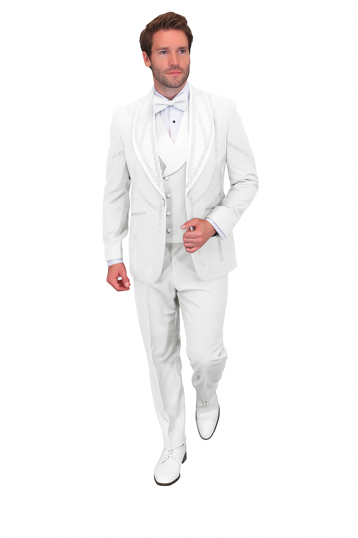 Modern fit white tuxedo. Italian wool. 3-piece suit: jacket (peak lapels), vest, tailored pants. Solid white with slight sheen.