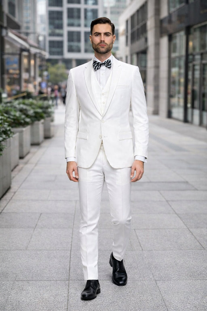 Men’s 2 Button Vested Skinny Suit in White – Modern 3-Piece Formal Ensemble