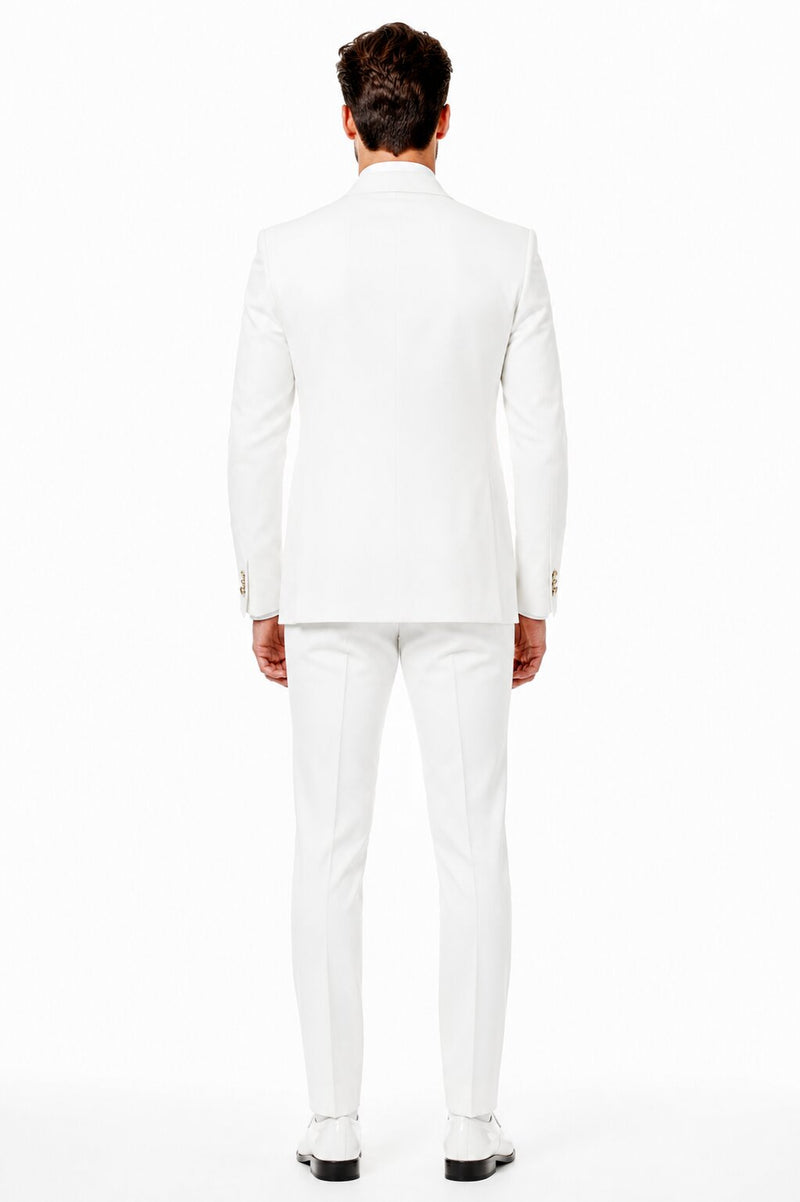 White and Light Pink Tuxedo Wedding Suit - White Dinner Jacket + Vest + Pants + Bow-tie