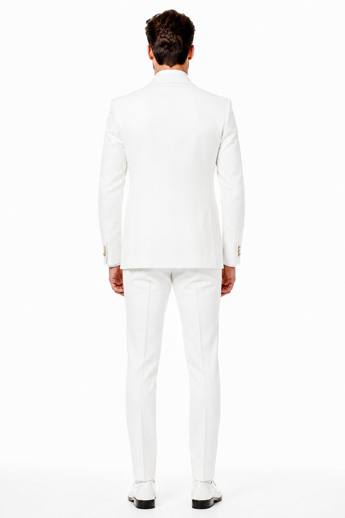 White and Light Pink Tuxedo Wedding Suit - White Dinner Jacket + Vest + Pants + Bow-tie