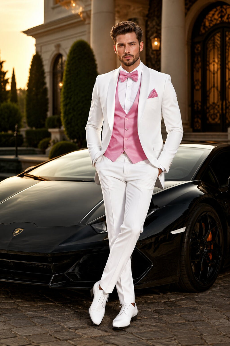 White and Light Pink Tuxedo Wedding Suit - White Dinner Jacket + Vest + Pants + Bow-tie