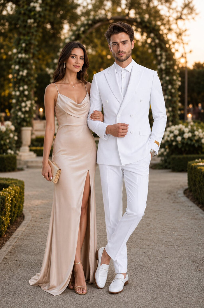 Mens Double Breasted Summer Seersucker Suit in White Pinstripe