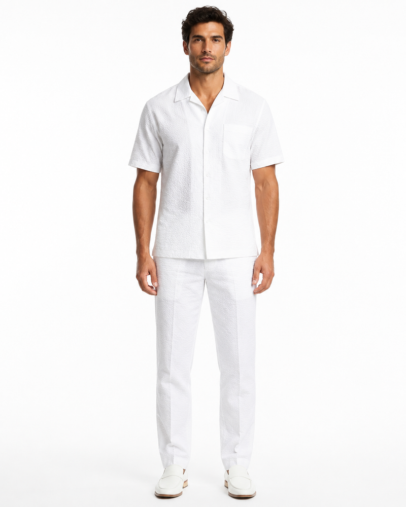Mens White Seersucker Walking Suit Set – Casual Summer Short Sleeve Outfit with Matching Pants Lightweight Two Piece Set