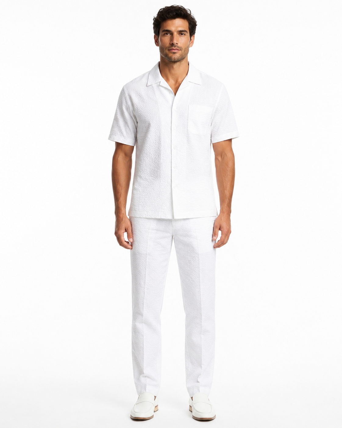 Mens White Seersucker Walking Suit Set – Casual Summer Short Sleeve Outfit with Matching Pants Lightweight Two Piece Set