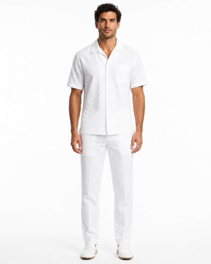 Mens White Seersucker Walking Suit Set – Casual Summer Short Sleeve Outfit with Matching Pants Lightweight Two Piece Set