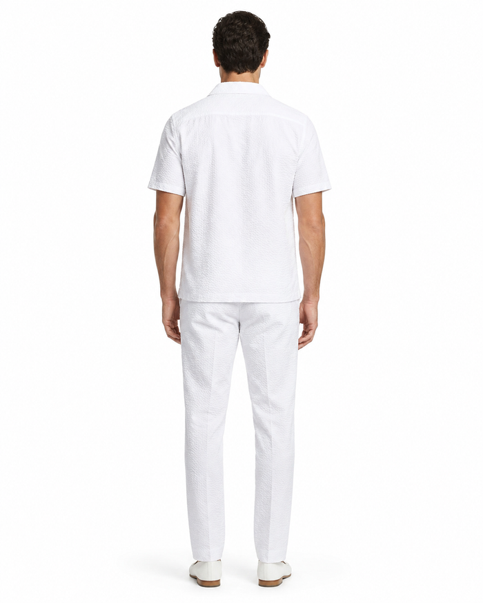 Mens White Seersucker Walking Suit Set – Casual Summer Short Sleeve Outfit with Matching Pants Lightweight Two Piece Set