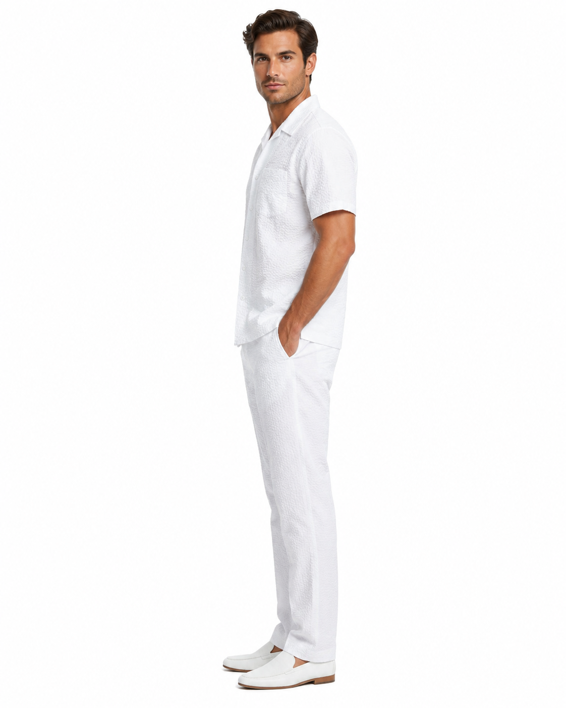 Mens White Seersucker Walking Suit Set – Casual Summer Short Sleeve Outfit with Matching Pants Lightweight Two Piece Set