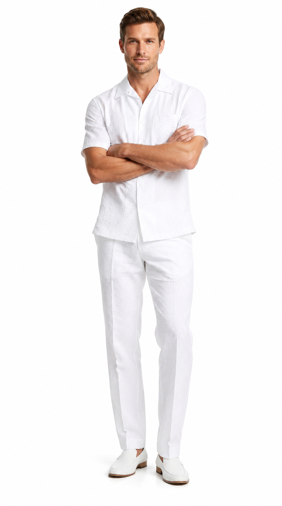 Mens White Seersucker Walking Suit Set – Casual Summer Short Sleeve Outfit with Matching Pants Lightweight Two Piece Set