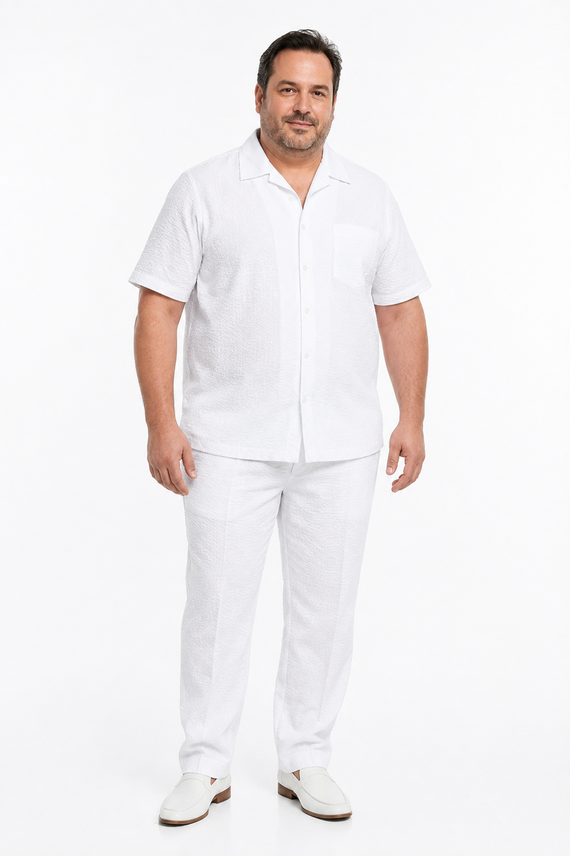 Mens White Seersucker Walking Suit Set – Casual Summer Short Sleeve Outfit with Matching Pants Lightweight Two Piece Set