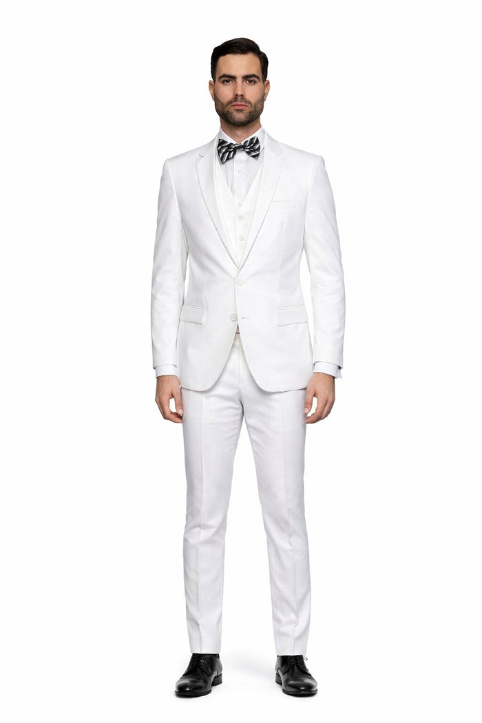Men’s 2 Button Vested Skinny Suit in White – Modern 3-Piece Formal Ensemble