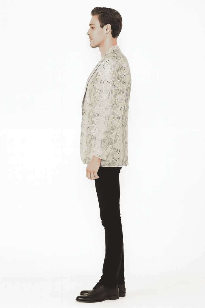 Men's white snake print blazer with exotic slim fit. Textured pattern mimicking alligator/crocodile skin. Features a stylish lapel.

