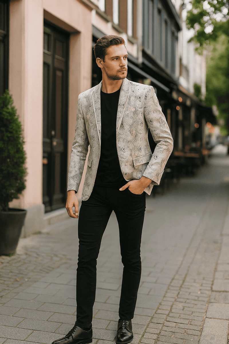 Men's white snake print blazer. Exotic slim fit, alligator-crocodile pattern. Light white/grey color scheme, smooth fabric. Single-button closure, notch lapels, two front pockets. Formal.

