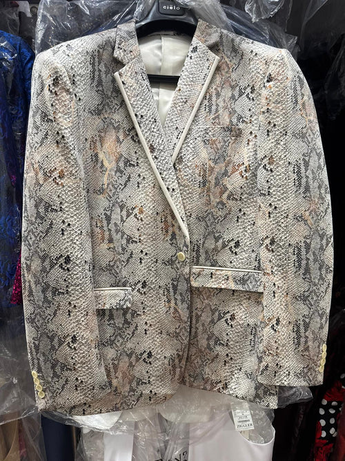 Men's white snake print blazer in slim fit with alligator crocodile pattern. Structured silhouette, notch lapel, two pockets, and textured surface. White with gray & earthy tones. Lined interior.

