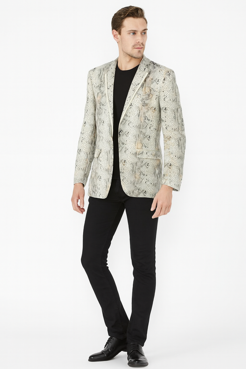 Men's slim fit white snake print blazer. Textured reptilian pattern in white, gray, and beige. Notched lapels and two front pockets.
