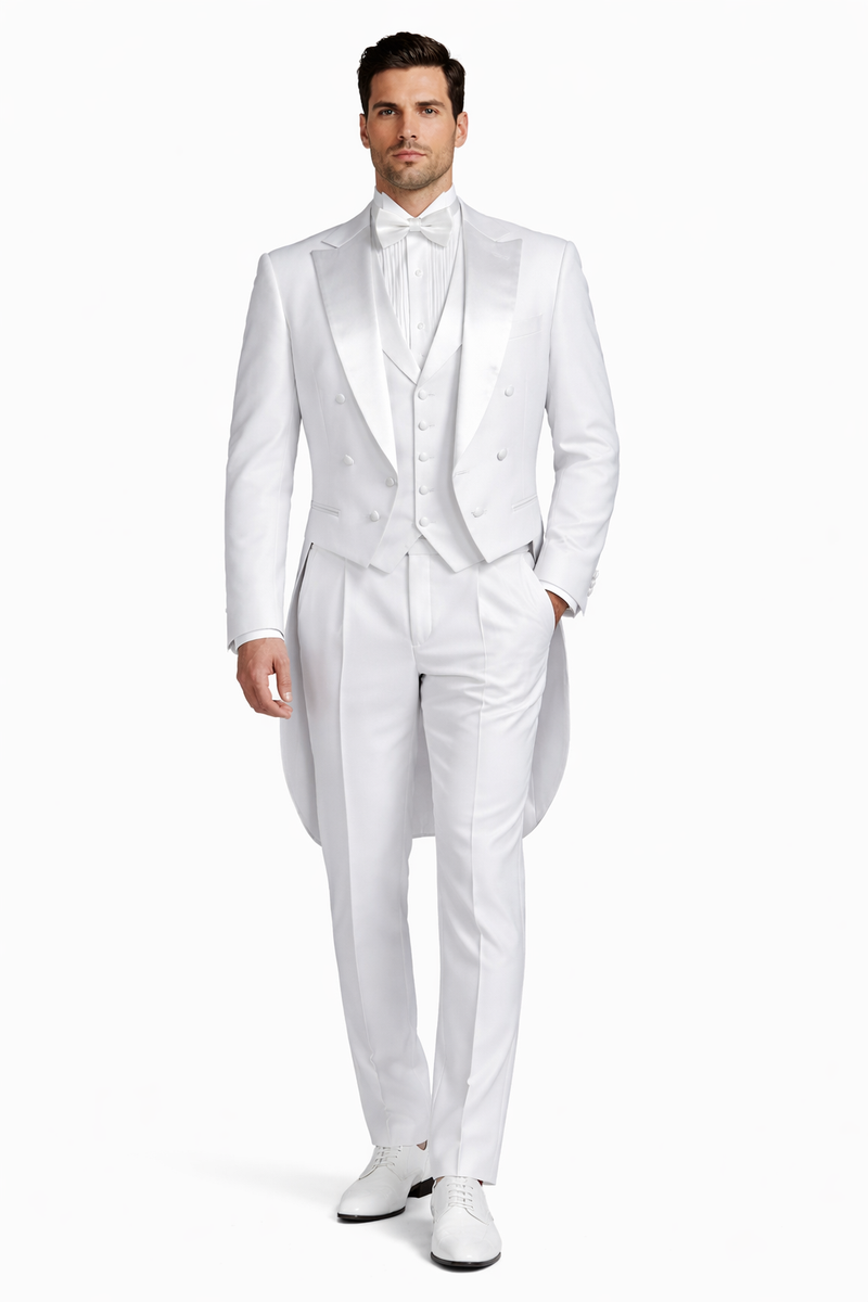 Mens White Tail Tuxedo With Lapelled Peak Lapel