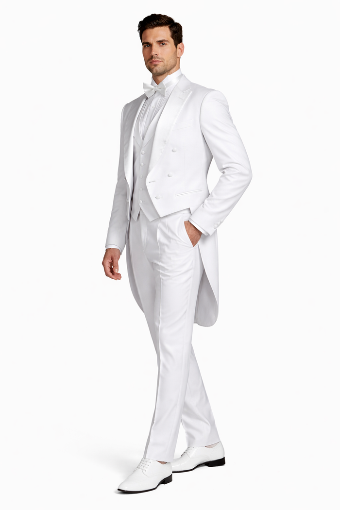 Mens White Tail Tuxedo With Lapelled Peak Lapel