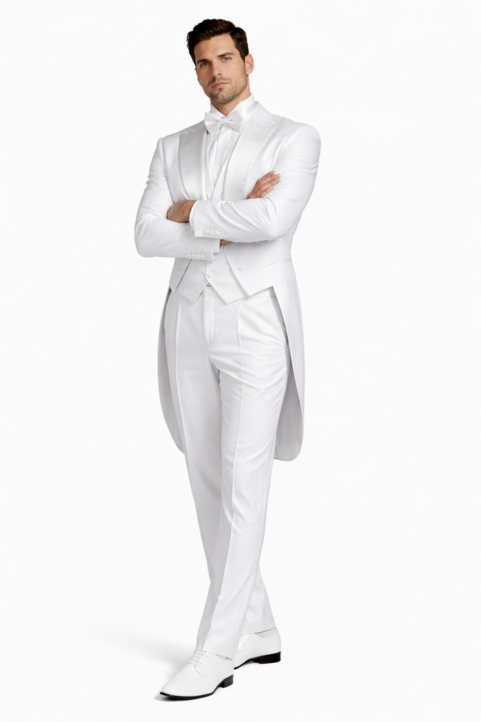 Mens White Tail Tuxedo With Lapelled Peak Lapel