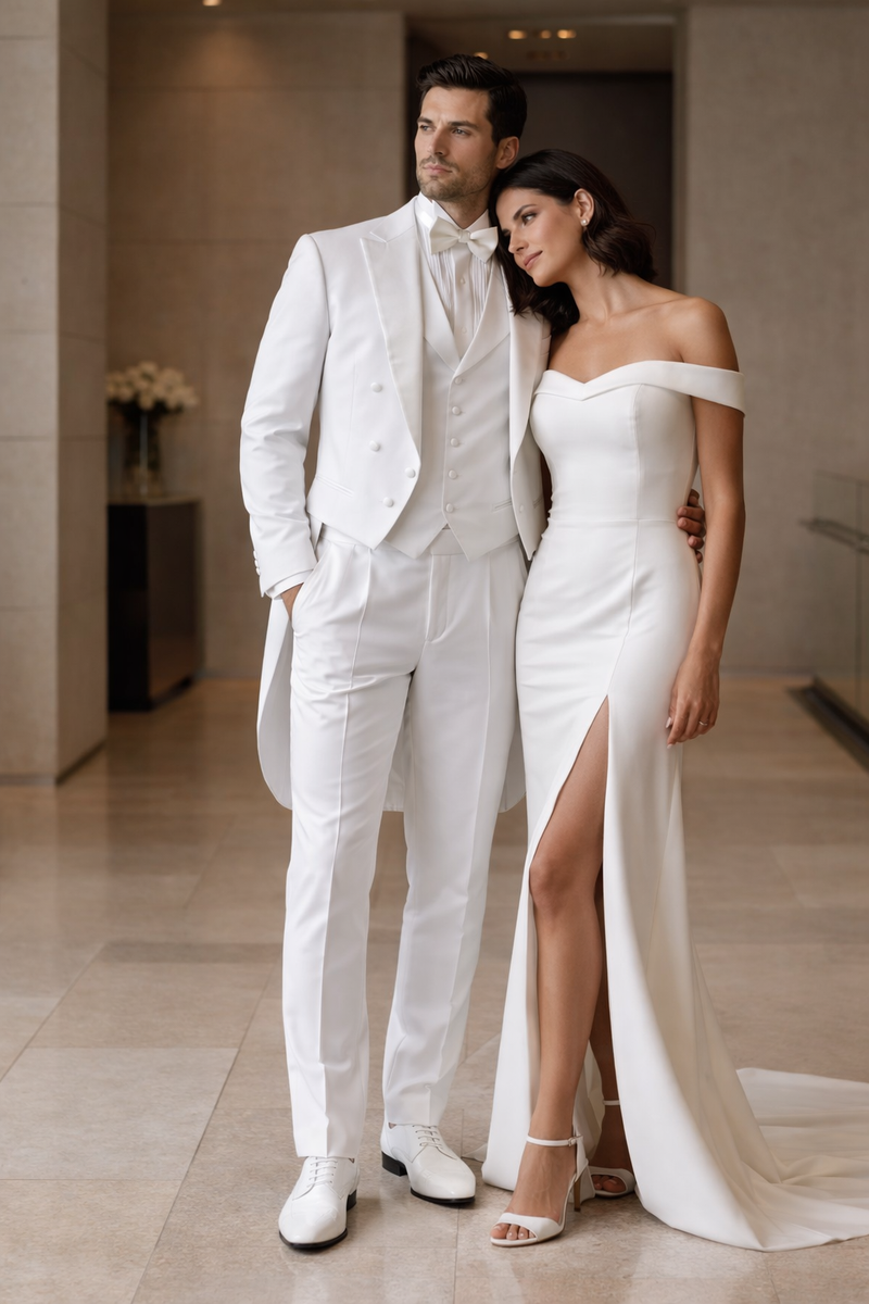Mens White Tail Tuxedo With Lapelled Peak Lapel