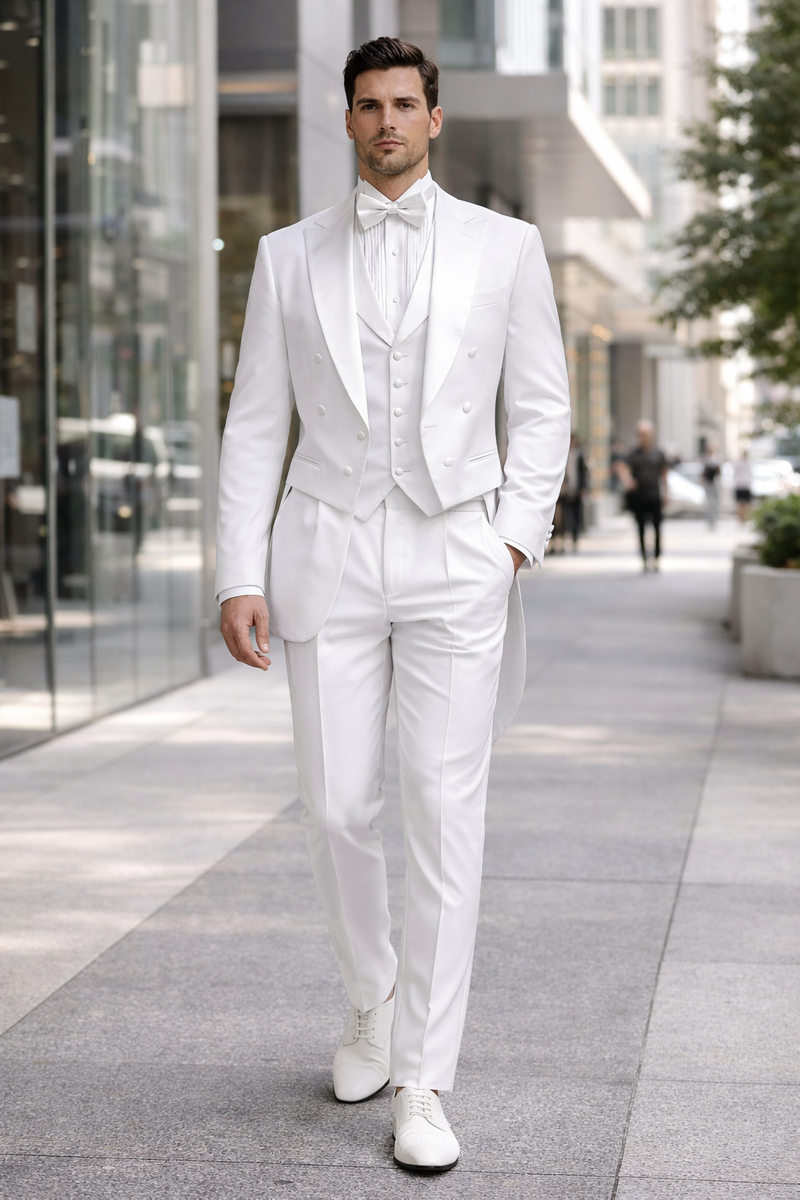 Mens White Tail Tuxedo With Lapelled Peak Lapel