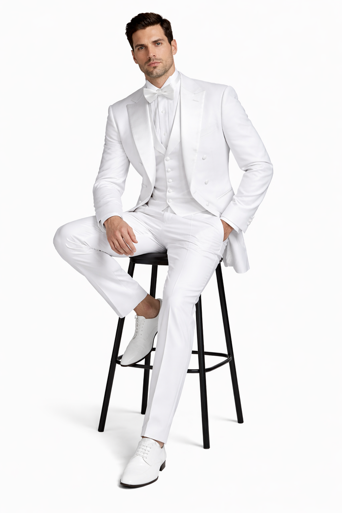 Mens White Tail Tuxedo With Lapelled Peak Lapel