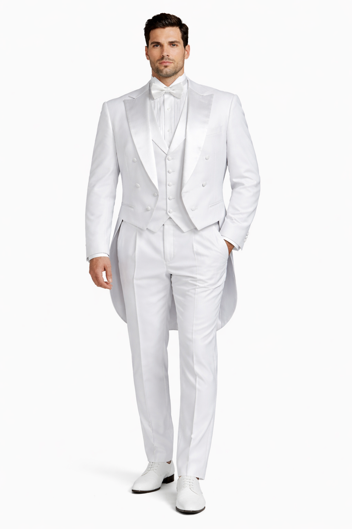Mens White Tail Tuxedo With Lapelled Peak Lapel