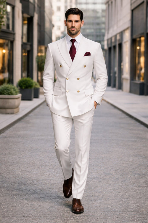 Mens Designer Modern Fit Double Breasted Suit with Gold Buttons in White