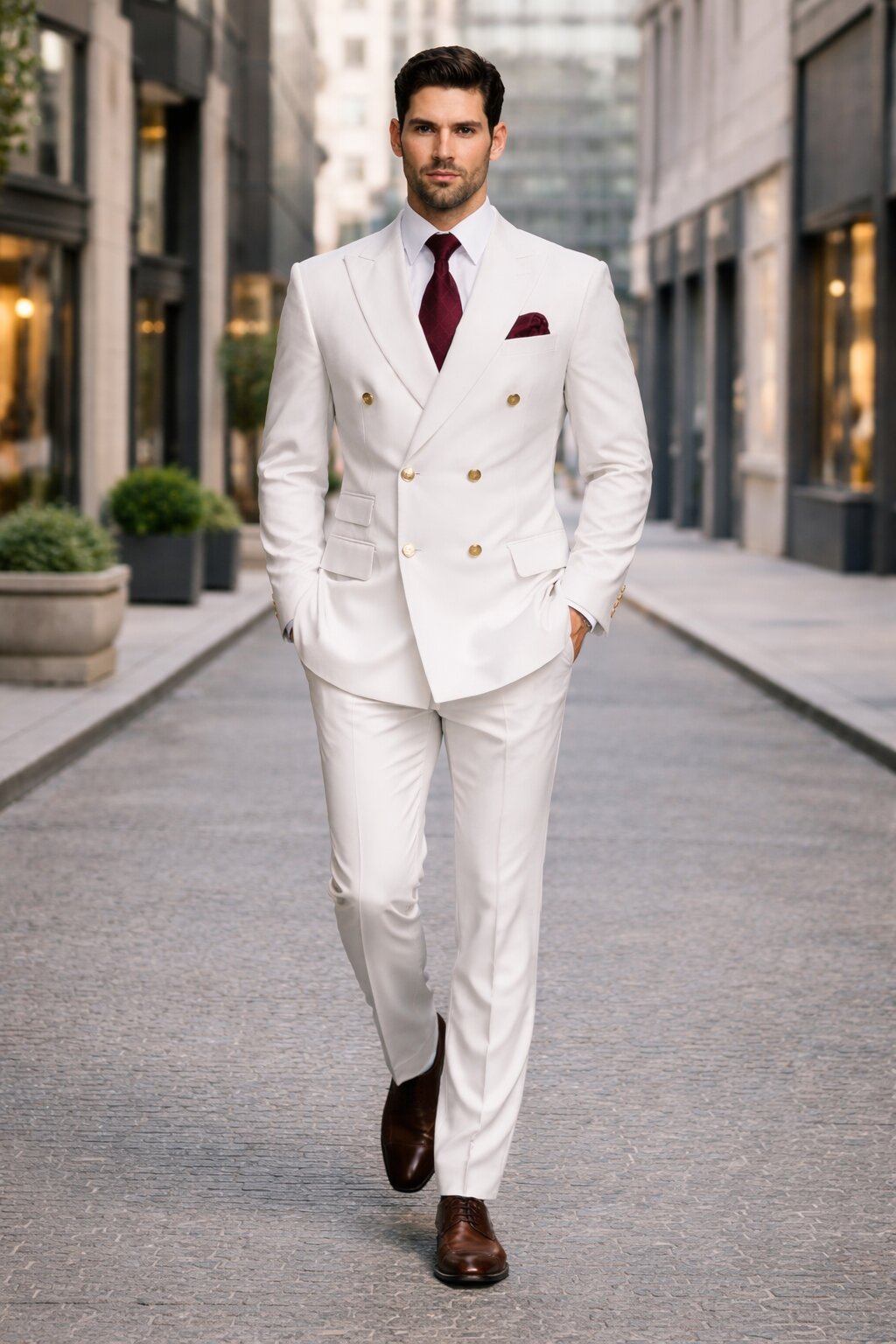 Mens Designer Modern Fit Double Breasted Suit with Gold Buttons in White