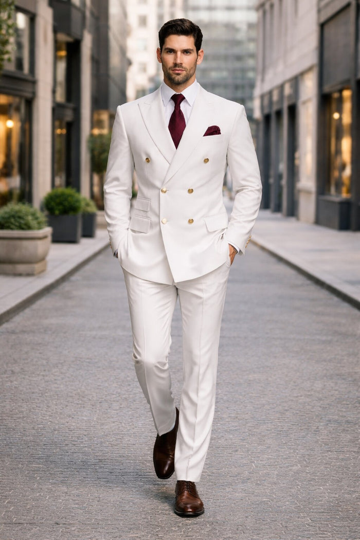 Mens Designer Modern Fit Double Breasted Suit with Gold Buttons in White