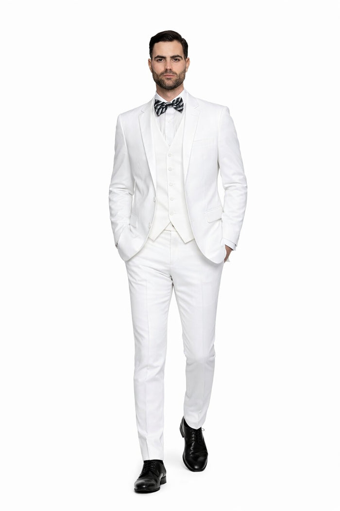 Men’s 2 Button Vested Skinny Suit in White – Modern 3-Piece Formal Ensemble