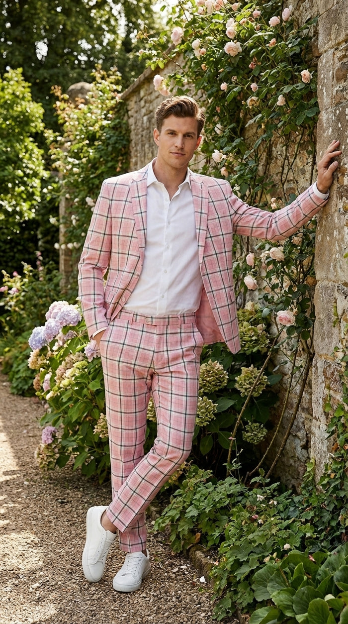 Mens Pink and Black Plaid Designer Suit Set – Stylish Suit with Check Pattern Jacket and Windownpane Summer Color