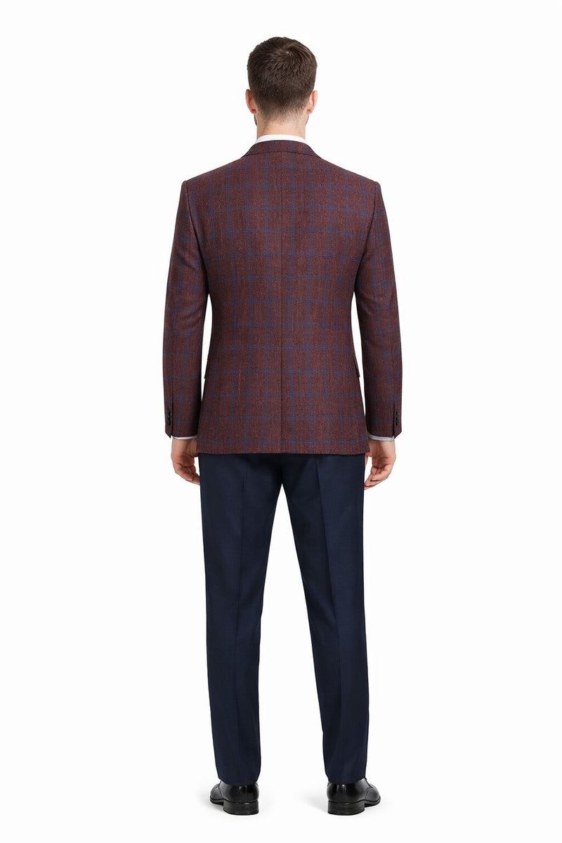 Sacos Para Hombre - Sacos Vaqueros Mens Slim Fit Two Button Wool Sport Coat Blazer in Burgundy & Blue Windowpane Plaid