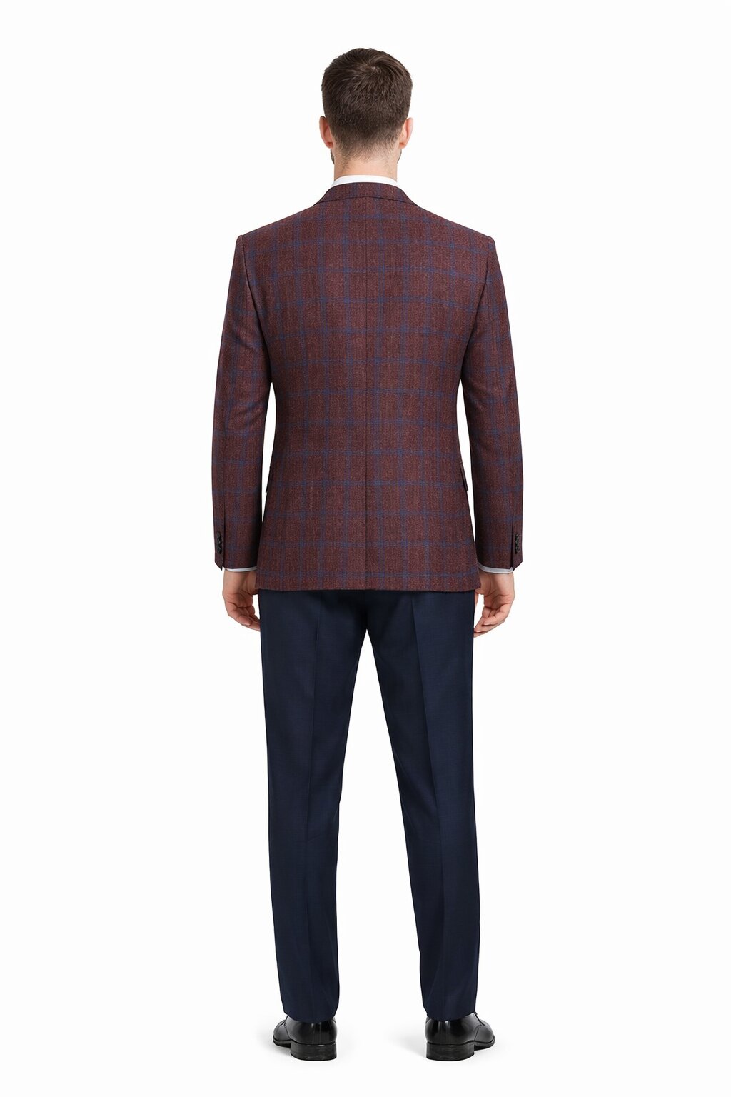 Sacos Para Hombre - Sacos Vaqueros Mens Slim Fit Two Button Wool Sport Coat Blazer in Burgundy & Blue Windowpane Plaid