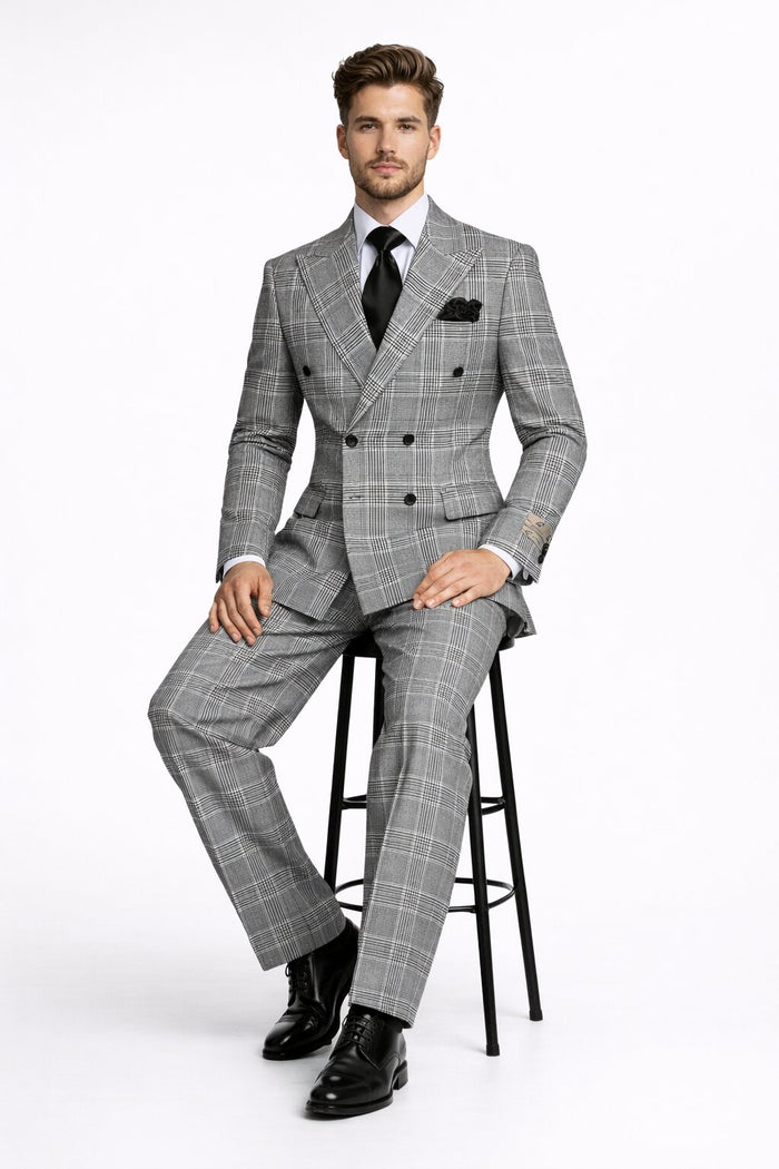 Suits With Baggy Pleated Pants - Wide Leg Pants 100% Wool - Classic Fit in Black and White Plaid Color by Rossiman