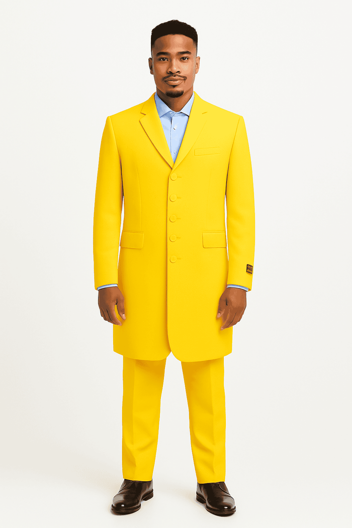 Yellow zoot suit: long, tailored coat (single-breasted, notched lapels, six buttons). Straight-legged trousers. Smooth, bright fabric. Light blue dress shirt peeking through.
