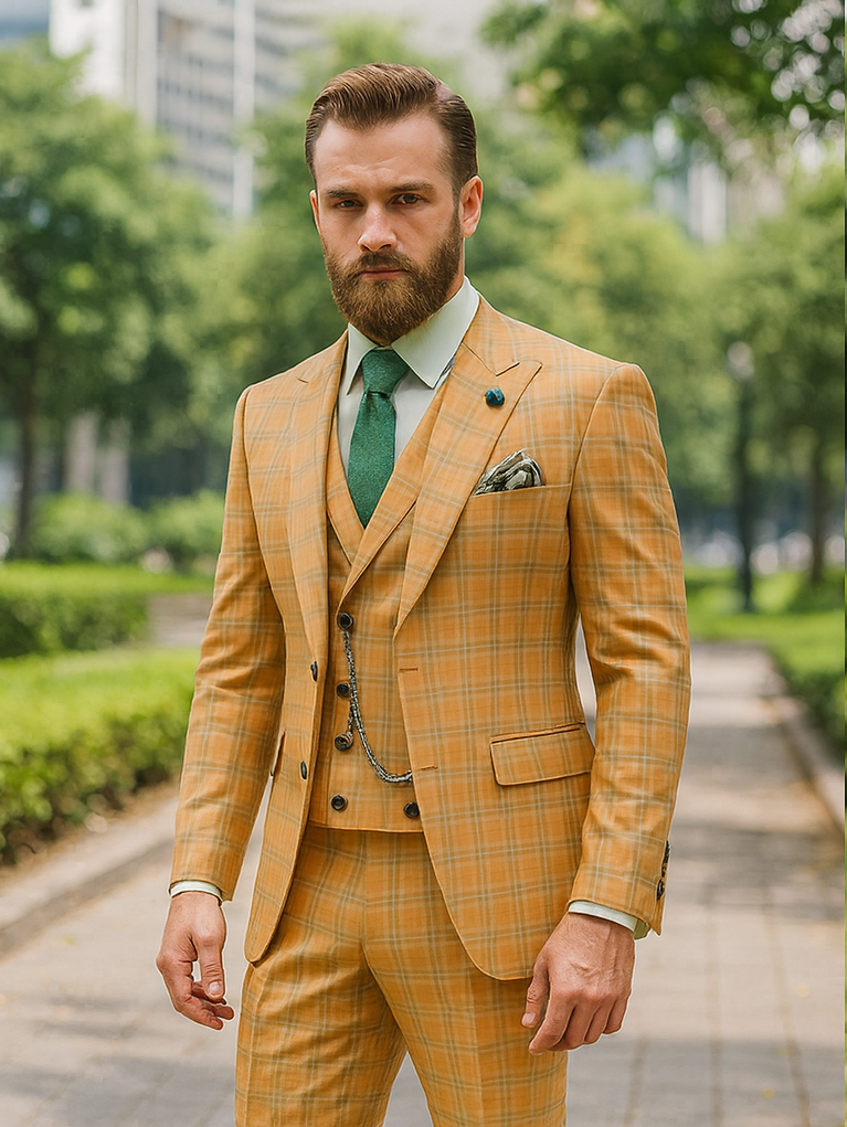 Yellow plaid suit: single-breasted jacket with notched lapels, matching vest, and trousers. Features a yellow/orange checkered pattern, green tie, pocket square, and vest chain. Structured, formal fit.
