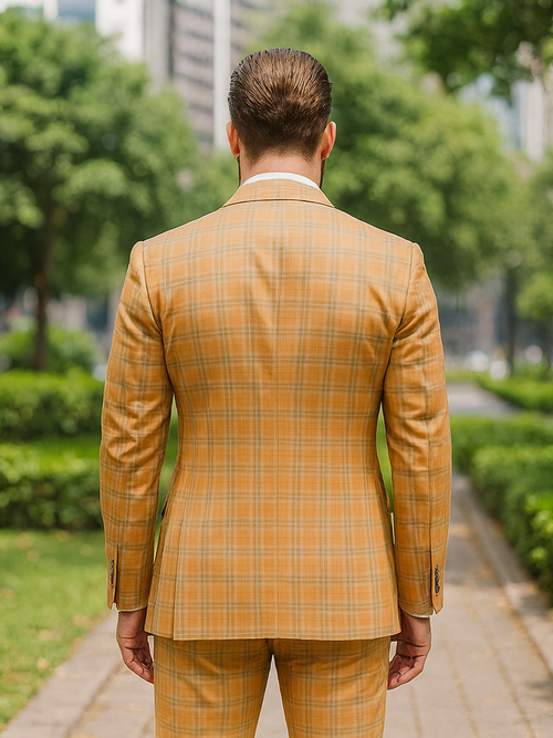 Yellow plaid suit with fitted jacket, matching trousers, and vest. Textured fabric with yellow/brown plaid. Jacket features tailored lapels and buttoned sleeves.
