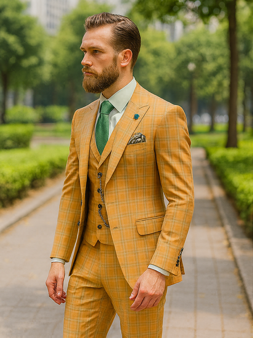 Yellow plaid suit with vest & chain. Textured fabric, yellow tones with green tie. Tailored jacket (notched lapel, 2 buttons), matching vest & trousers. Cohesive plaid pattern.
